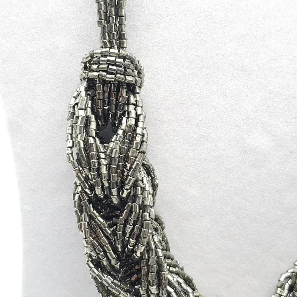 Braided Metallic Silver Beaded Necklace With Adjustable Lobster Clasp Closure